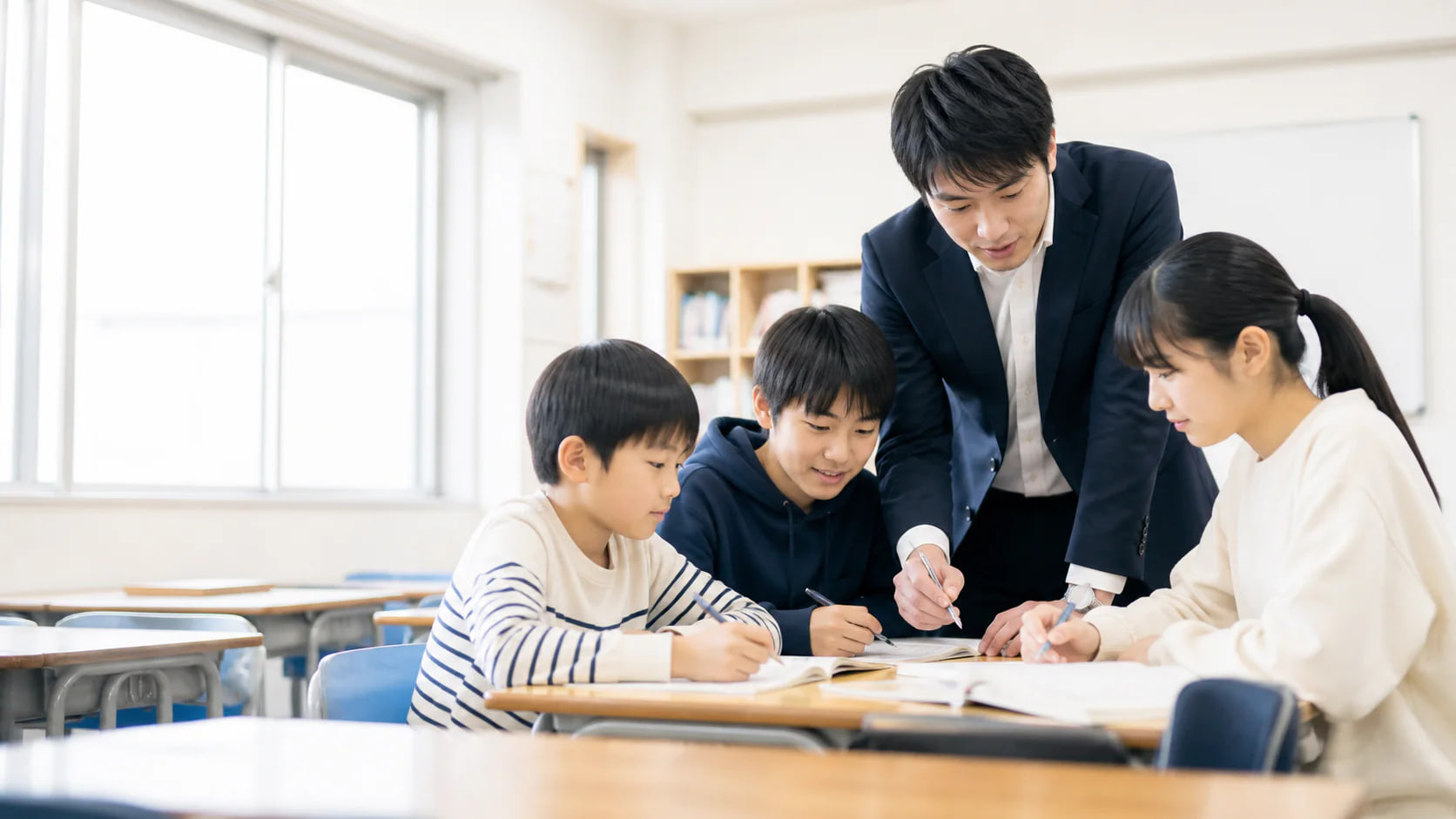 机に教材が並ぶ学習教室のイメージ