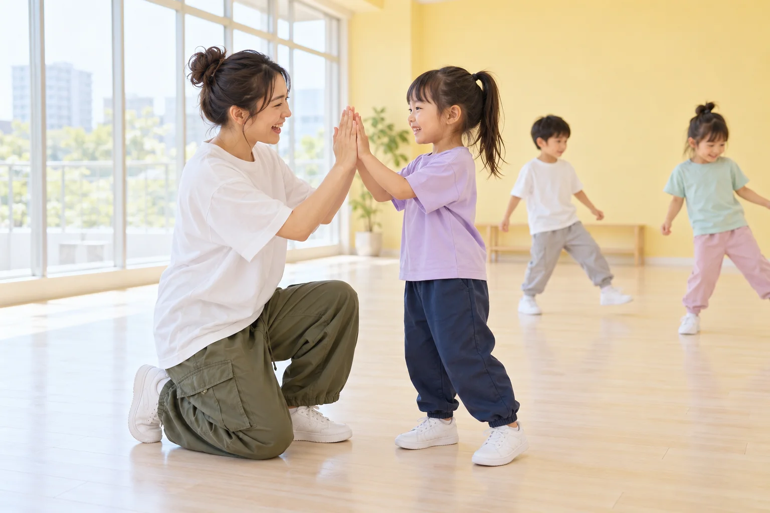 子どもと笑顔で向き合うダンス講師のイメージ。AI生成写真